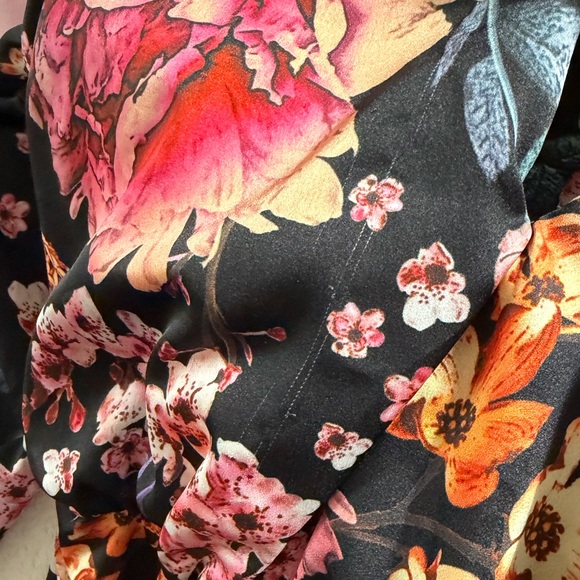 Torn Boston Proper Floral Wrap Mini Dress in Black with Pink & Orange Blooms XS - Picture 13 of 14